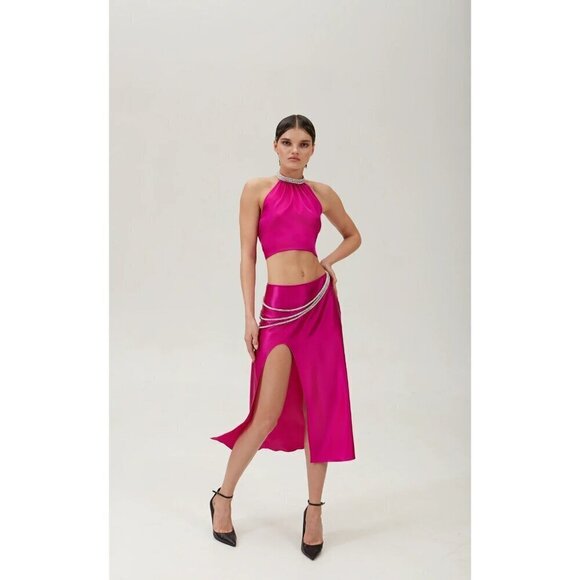 Nue Studio Laetitia Skirt in Fuchsia Pink Small New Womens Satin Midi - Picture 13 of 13